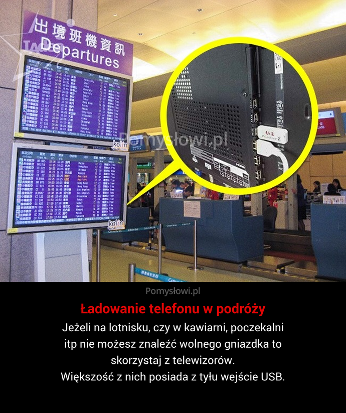 Jeżeli na lotnisku, czy w kawiarni, poczekalni itp nie możesz znaleźć wolnego gniazdka to skorzystaj z telewizorów. Większość z nich ...