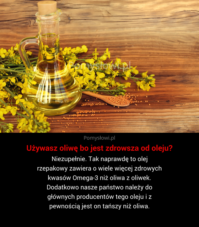 Niezupełnie. Tak naprawdę to olej rzepakowy zawiera o wiele więcej zdrowych kwasów Omega-3 niż oliwa z oliwek. Dodatkowo nasze państwo ...
